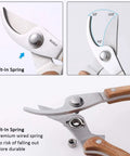 Close-up of Workhorse Wood Handle Pruning Shears With SK-5 Blade, Built-In Spring and angle display, 1 Inch Cutting Capacity