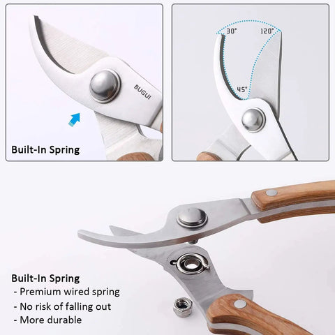 Close-up of Workhorse Wood Handle Pruning Shears With SK-5 Blade, Built-In Spring and angle display, 1 Inch Cutting Capacity
