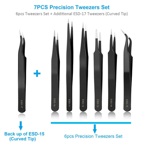 Go-To All-in-One 7-Piece Precision Tweezers Set - Anti-Static Stainless Steel ESD Tweezers Kit For Electronics, Soldering