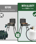 Comparison of propane grills using multiple small tanks vs. a single large tank with Propane Hose Adapter 1lb To 20lb With Gauge 6 Foot LP Gas Hose Converter For Weber Q Grill Coleman Stove Blackstone Griddle Buddy Heater Your Go To Outdoor Grilling Gear Easy To Connect And Durable installed.