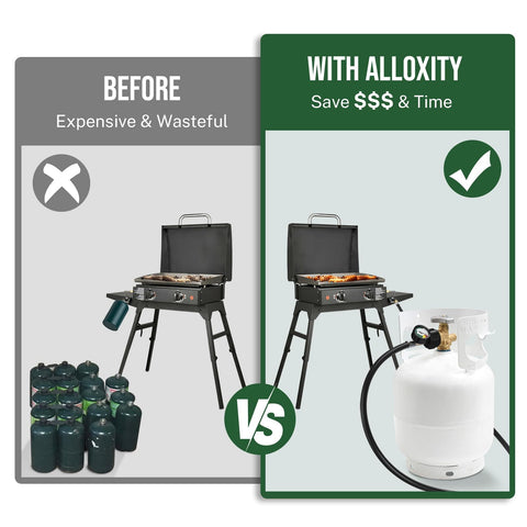 Comparison of propane grills using multiple small tanks vs. a single large tank with Propane Hose Adapter 1lb To 20lb With Gauge 6 Foot LP Gas Hose Converter For Weber Q Grill Coleman Stove Blackstone Griddle Buddy Heater Your Go To Outdoor Grilling Gear Easy To Connect And Durable installed.