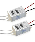 12V LED Power Supply Driver 15W Waterproof IP67 DC 12V Output 120VAC To 12V DC Constant Voltage Switching Power Supply For LED Strip Lights Plug And Play G4 MR11 MR16 Displays 2 Pack, close-up view of two units with wiring