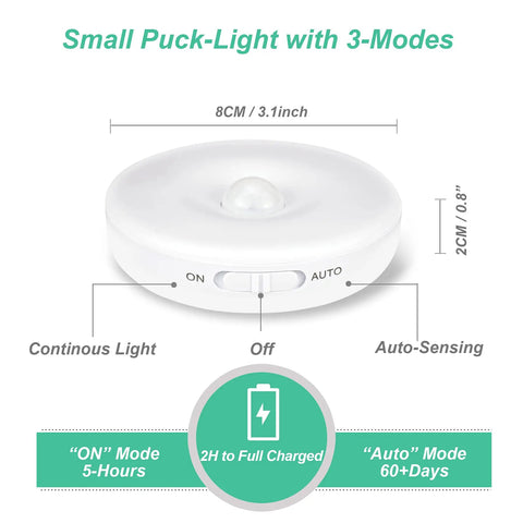 Three Pack Motion Sensor LED Lights Indoor Rechargeable Battery Powered Puck Lights Easy Stick On With 3M Adhesive 3-mode details