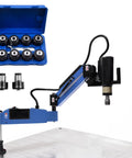 No Fuss Electric Tapping Machine Featuring A Flexible Swivel Arm And Stepless Speed Control For M4 To M24 Threads With Nine Ansi Collets, showing collet case and machine setup.