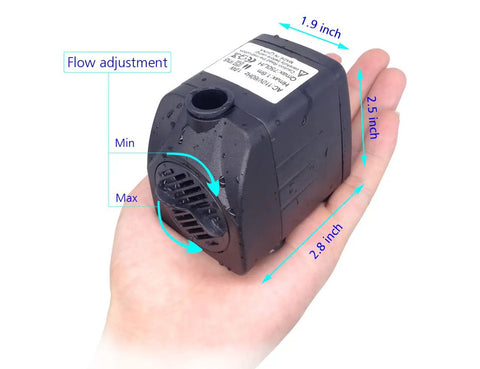 15W Submersible Fountain Pump With 12 RGB LED Lights on a hand showcasing size and flow adjustment markings