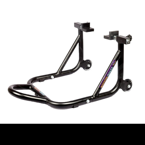 Beefed Up Heavy Duty Paddock Motorcycle Stand For Rear Wheel Lift With Fork And Swingarm Spool, Black, dismantlable design.