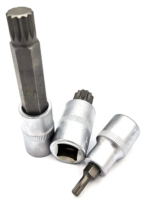 Top Shelf 26 Piece 1/2 Inch Drive Spline Triple Square XZN Socket Bit Set Forged From Hardened Chrome Vanadium Steel showing assorted socket bits.