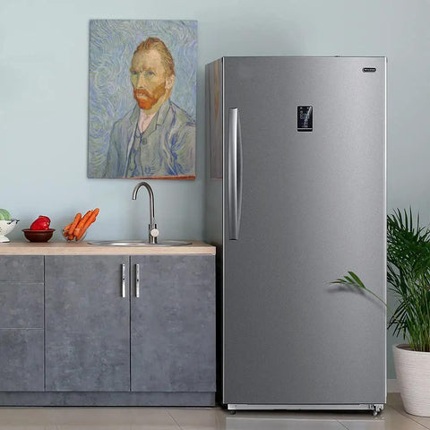 Built Different 18 Cu Ft Upright Freezer And Convertible Fridge With Tempered Glass Shelves in a modern kitchen setting.