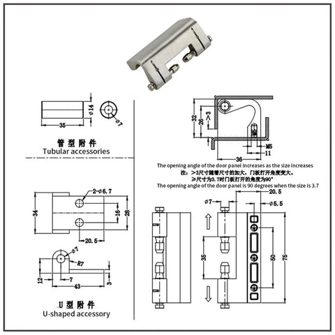 Diagram of heavy duty concealed cabinet door hinge with detachable elbow thickened stainless steel T finish for kitchen cabinets.