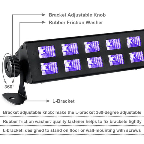Kickin Black Light Bar For Parties And Neon Decor 54W 395nm UV LED Blacklight with adjustable bracket and rubber washer