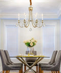 Gold Farmhouse Crystal Chandelier For Dining Room And Kitchen Island, 6 Light French Country Ceiling Fixture above dining table