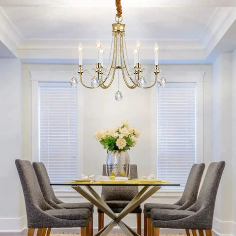Gold Farmhouse Crystal Chandelier For Dining Room And Kitchen Island, 6 Light French Country Ceiling Fixture above dining table