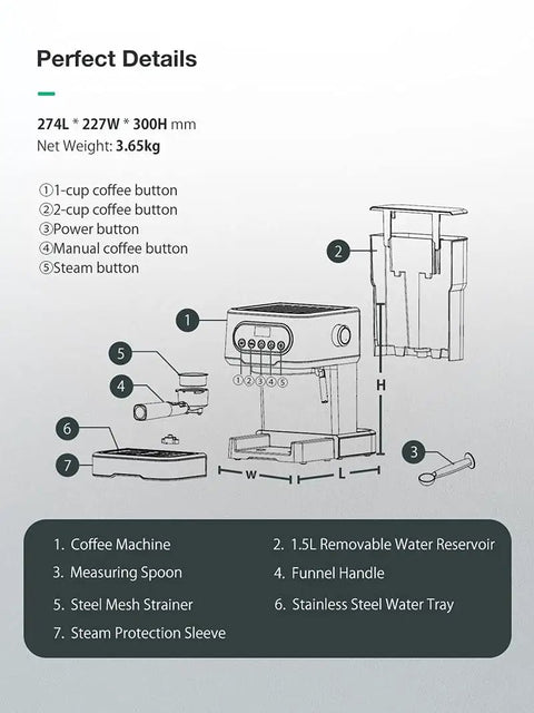 Diagram of Heavy Duty 20 Bar Coffee Machine With Independent Steam Frother, displaying buttons and components.