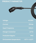 Close-up of Level 2 EV Charger With App Control 32 Amp J1772 connector showing product parameters and specifications.