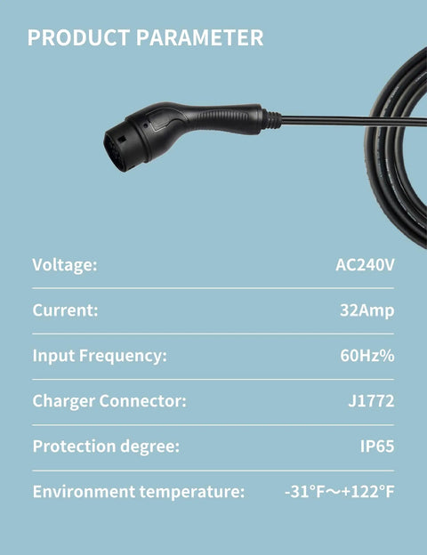 Close-up of Level 2 EV Charger With App Control 32 Amp J1772 connector showing product parameters and specifications.