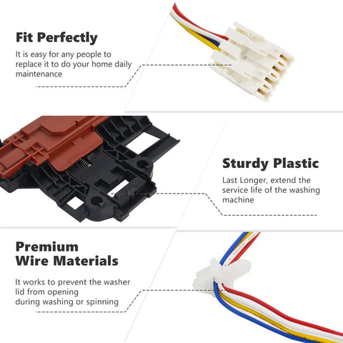 Heavy Duty Washing Machine Lid Lock Switch And Wiring Harness Kit For Straight Up Solid Replacement showing sturdy plastic construction.