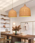 Natural Rattan Woven Pendant Light 13.78 Inch Handmade Ceiling Fixture For Kitchen Island Dining Room Hallway Foyer Dome Shade