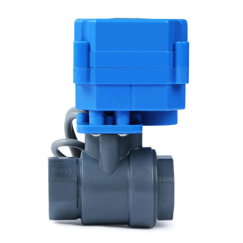 Half Inch UPVC Motorized Ball Valve With Full Port, 2 Wire Auto Return, 9-36V AC DC, Normally Closed, Lightweight Plastic Valve