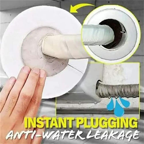 Waterproof Sealing Clay for Quick Wall Hole Repair and Gap Fill applied around pipe opening, hand sealing edges.