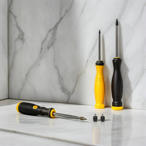 Set of two screwdrivers with black and yellow handles and two small black parts on a marble surface.