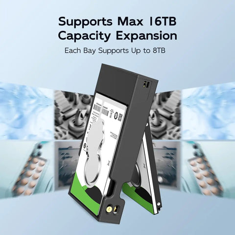 Dual Bay Hard Drive Raid Enclosure For 2.5 Inch SATA SSD And HDD Featuring USB 3.1 Gen 2 10Gbps with 16TB max capacity.