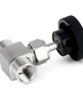 Stainless steel straight needle valve with 1/4 in female NPT port, knurled black knob, and nipple.