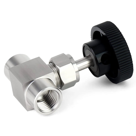 Stainless steel straight needle valve with 1/4 in female NPT port, knurled black knob, and nipple.