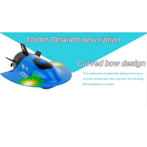 Mini RC Submarine Boat Remote Control Waterproof Diving Toy For Pool And Bath Blue Totally Fun Remote Submarine With Forward Backward And Turn Left Right Built In Charging Battery By Controller Great For Kids And Grownups showing curved blue design and model details