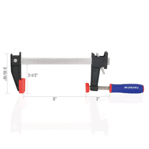 Badass Steel Bar Clamps 2 Pack With 6 Inch Opening And Two And A Half Inch Throat Holding Six Hundred Pounds Zero Slack For Serious Woodworking And Shop Jobs displayed with dimensions.