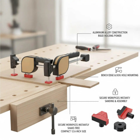 Heavy Duty Aluminum Bench Clamp For Woodworking Mounts To Edge Or Dog Holes, Two Handed Operation for Secure Sanding and Assembly