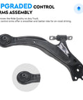 Front lower control arm, angled side view, black steel with bushings