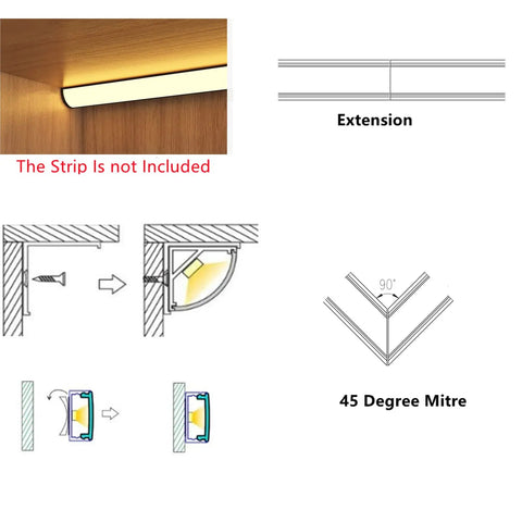 Diagram of Six Pack 16 Inch V Shape LED Strip Black Channel for Corner Mount with installation instructions.
