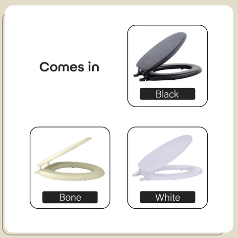 Soft Elongated Vinyl Toilet Seat In Black 19 Inches Foam Cushioned Cover in black, bone, and white options displayed.
