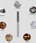 Beefy Four Flute AlTiN Coated Carbide Square End Mill One Quarter Inch shown with materials like alloy steel and aluminum