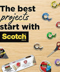 Scotch tape and scissors on wooden background with 'The best projects start with Scotch' text, showcasing various tape types.