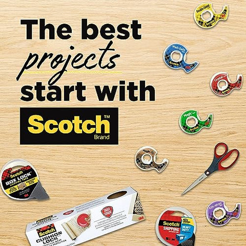 Scotch tape and scissors on wooden background with 'The best projects start with Scotch' text, showcasing various tape types.