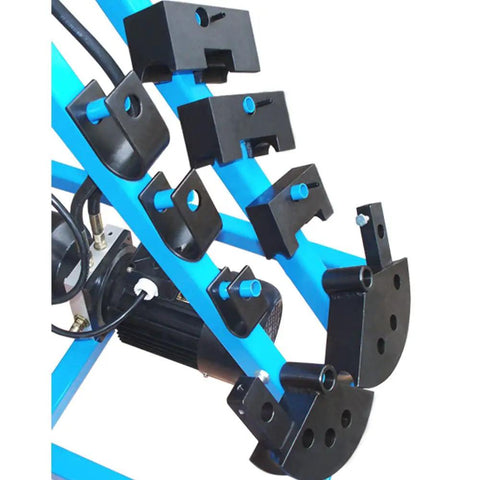 Heavy Duty 10 Ton Electric Hydraulic Pipe Tube Bender 110V with three knockout dies close-up detail of bending dies and mechanism.