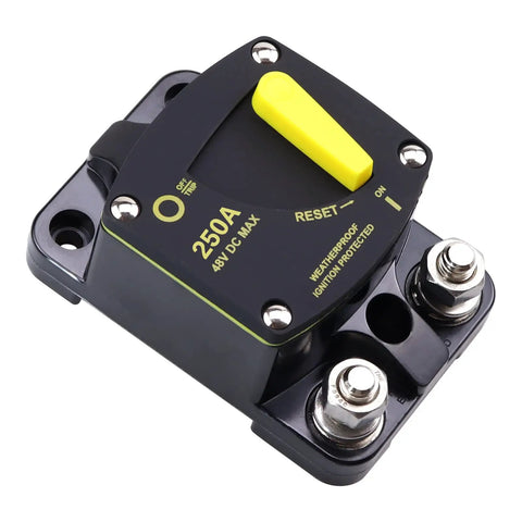 Heavy Duty 250 Amp DC Circuit Breaker For 12V To 48V Systems Waterproof Inline Holder With Manual Reset Switch Surface Mount