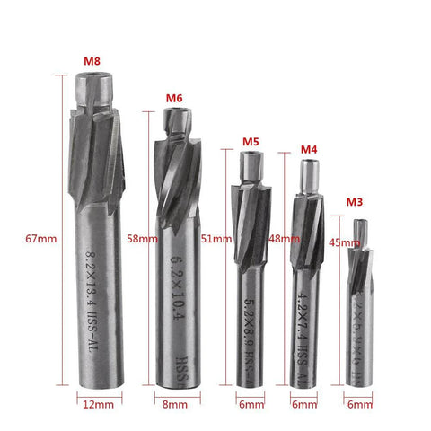 Front view of 5pc HSS countersink drill bit set, sizes M8–M3, for copper, aluminum, cast iron