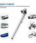 Pencil tire pressure gauge with dual-head chuck and stainless steel stem, silver (front view).