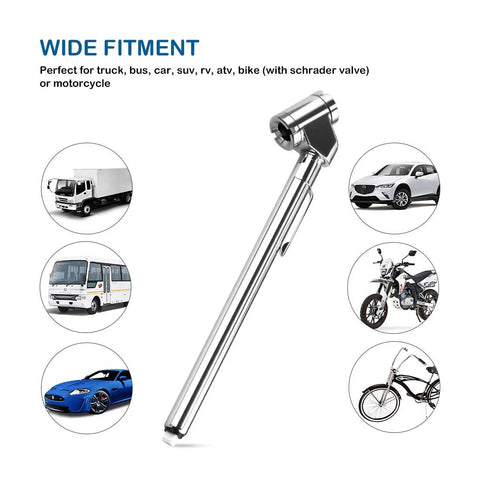 Pencil tire pressure gauge with dual-head chuck and stainless steel stem, silver (front view).