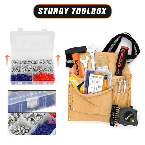 240 Piece SAE Grease Fittings Kit With G1/4 And G1/8 Zerk Fittings in clear box, toolkit with belts and measuring tape shown.