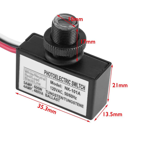 Two Pack Outdoor No Fuss Light Control Sensor Switches With Dusk To Dawn Photocell, 120V AC, photoelectric switch dimensions and labels
