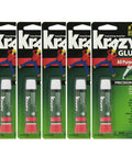 Image shows front view of a 5-pack Krazy Glue all purpose gel super glue, each tube 2g, designed for quick instant repairs.