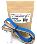 Assorted 1X30 Inch Belt Kit With Super Strop Leather Honing Belt for belt sanders, includes buffing compound, shown in packaging