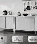 Heavy Duty Stainless Steel Prep Workbench With Cabinet Sliding Doors And Splatter Guard Backsplash Commercial Grade Metal Kitchen Workhorse Built Like A Tank Featuring Solid Rubber Feet in a kitchen setting.