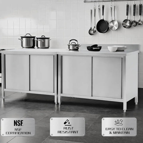 Heavy Duty Stainless Steel Prep Workbench With Cabinet Sliding Doors And Splatter Guard Backsplash Commercial Grade Metal Kitchen Workhorse Built Like A Tank Featuring Solid Rubber Feet in a kitchen setting.