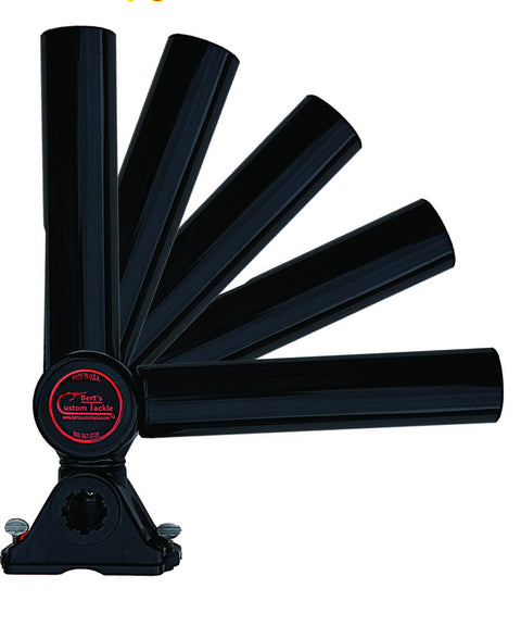 Five Position Ratcheting Boat Track Rod Holder In Heavy Duty Lexan Black, mounted on boat track with five angled positions