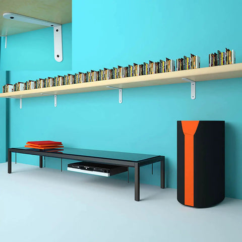 Heavy Duty White L Bracket Wall Mount Shelf Supports 2 Pack Cold Rolled Steel Angle Brackets supporting books on a wall shelf.