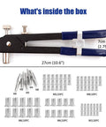 86 Piece Rivet Nut Tool Kit Hand Riveter Set With M3 M4 M5 M6 M8 Threaded Rivet Nuts And Mandrel Heavy Duty Drop Forged Steel Body Anti Slip Handle Pro Grade For Cars Machinery Trailers Furniture And Boats showing components and dimensions